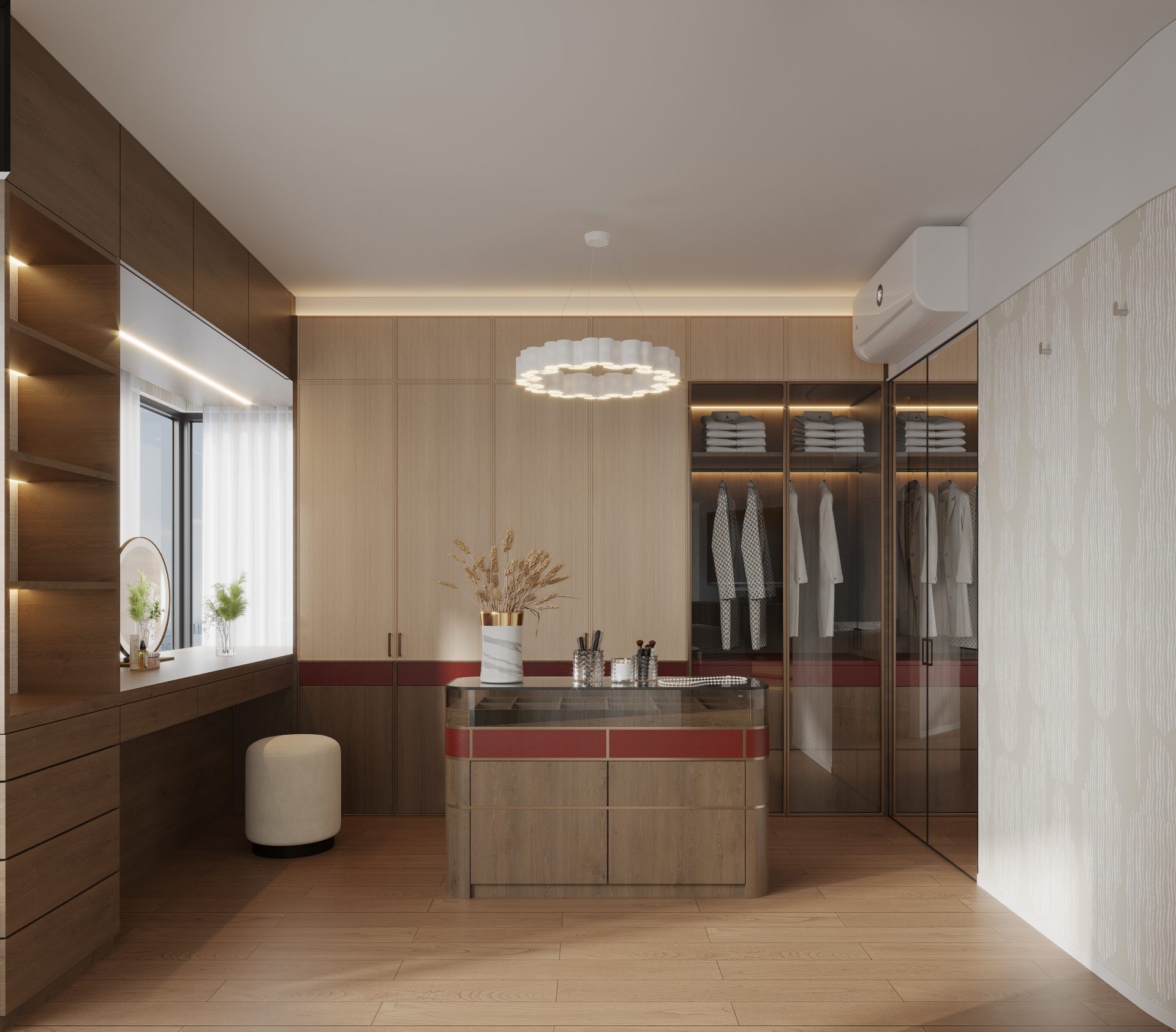 Laguna Verde — walk-in wardrobe with dark wood and red accents
