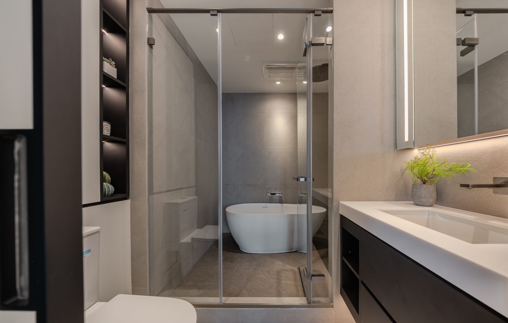 Double Cove — bathroom with a glass shower, toilet and illuminated mirrored vanity