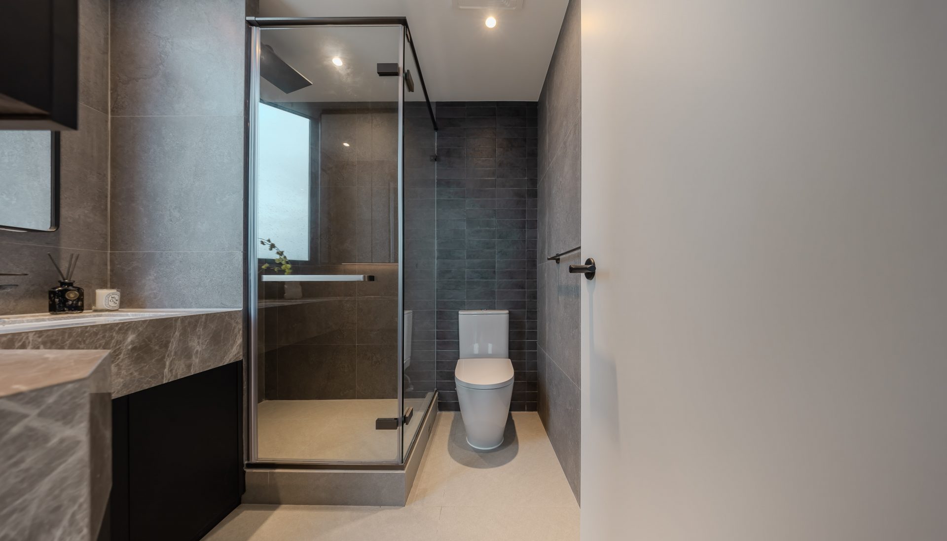 Double Cove — bathroom with a marble vanity, glass shower enclosure and toilet