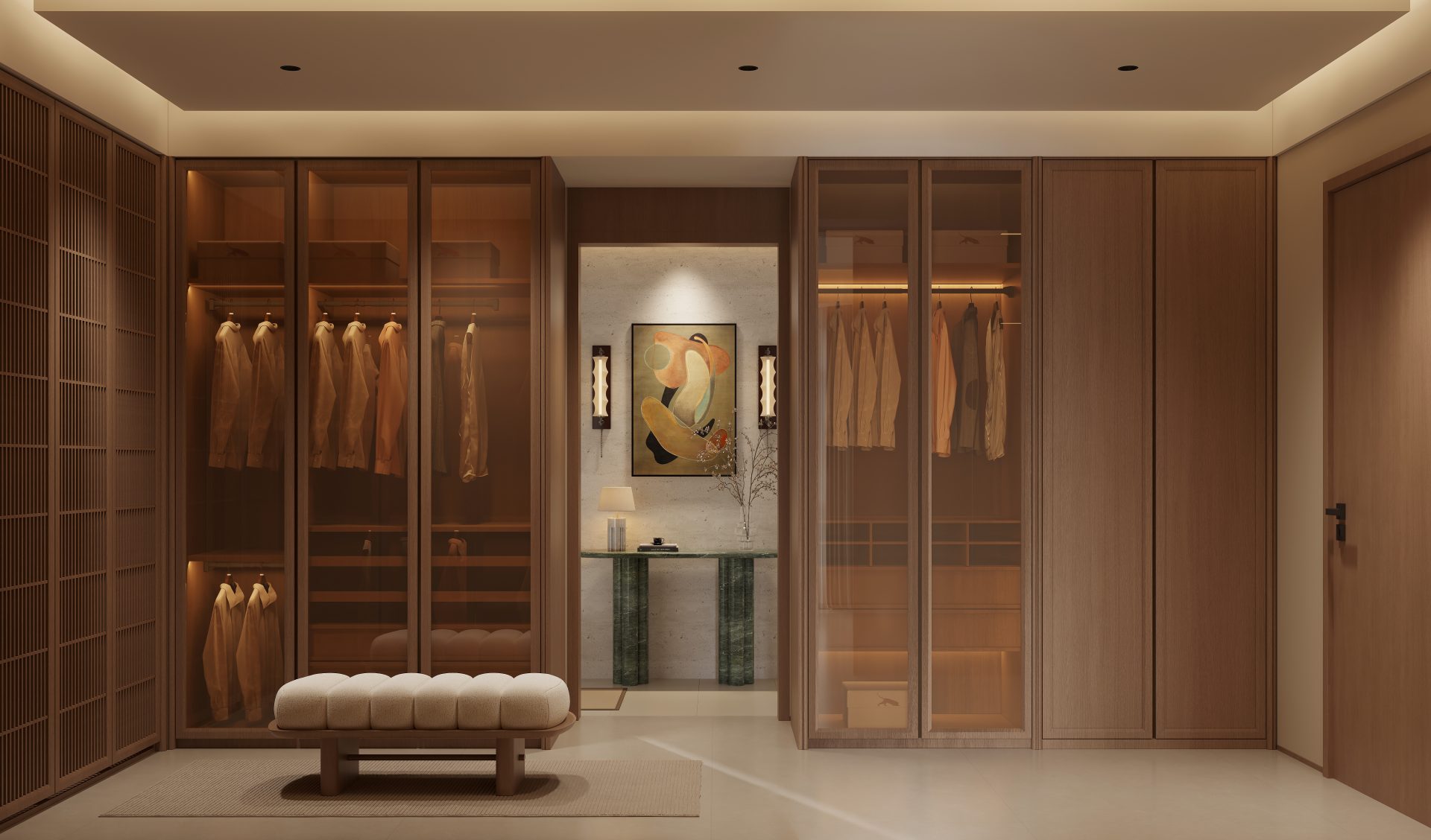 Bamboo Grove, 2,114 sq ft — Living area facing a television wall and stone feature panel beneath layered indirect ceiling lighting