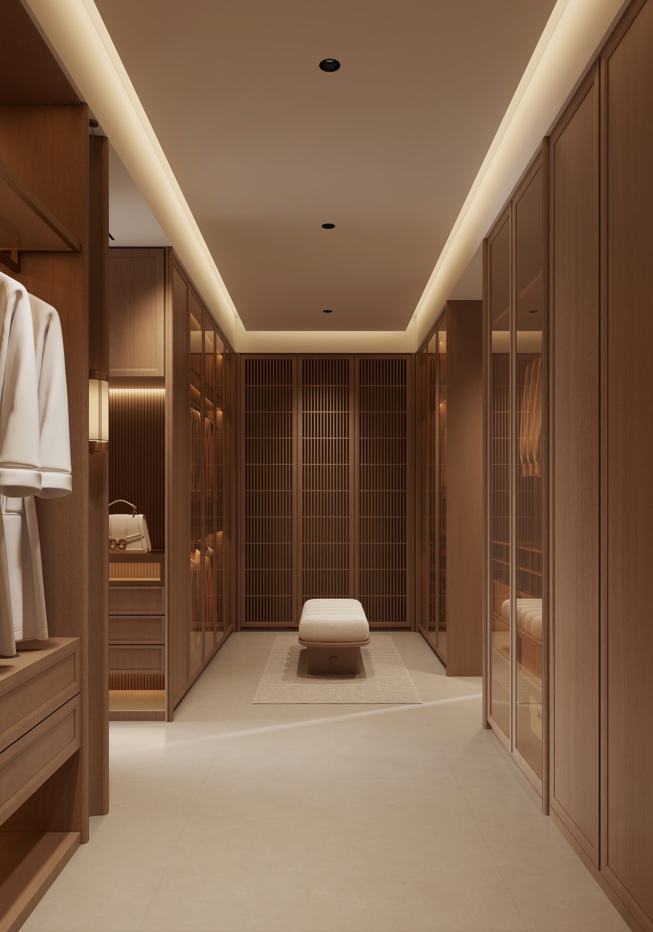 Bamboo Grove, 2,114 sq ft — Long view through the walk-in wardrobe with dark timber storage on both sides