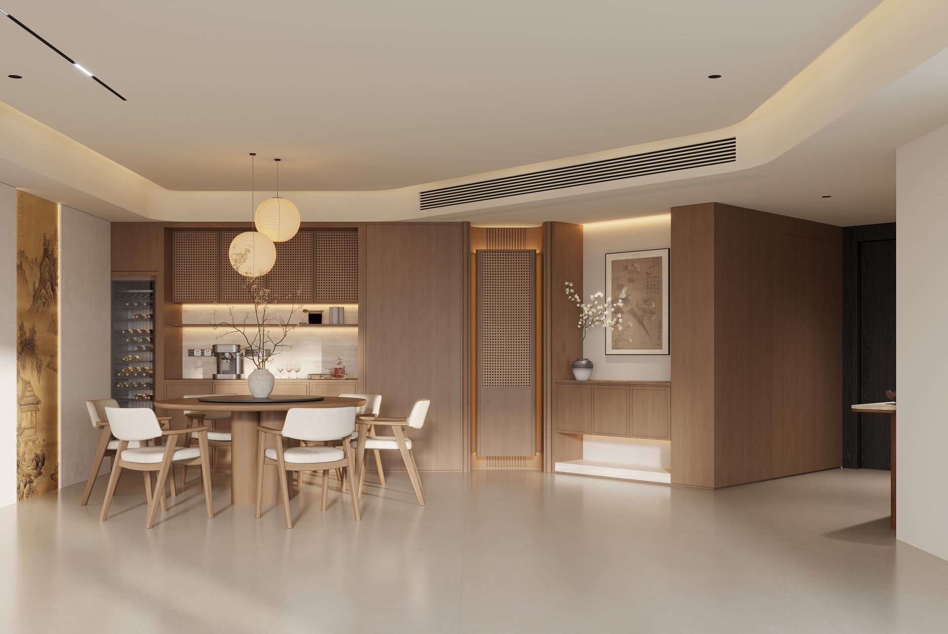 Bamboo Grove, 2,114 sq ft — Dining area with dark timber wall cabinetry, a round pendant and a light floor adjoining the open living zone