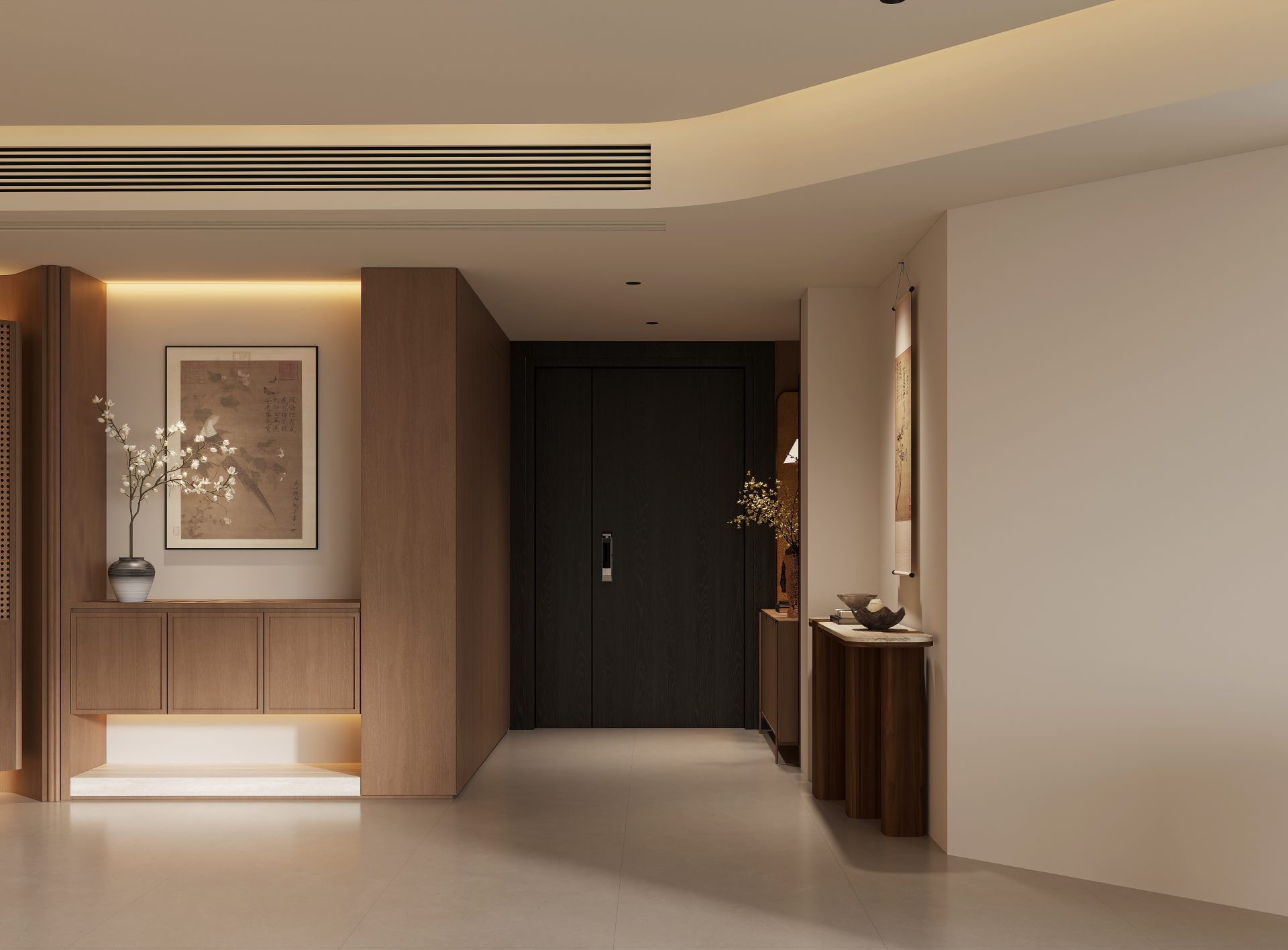 Bamboo Grove, 2,114 sq ft — Entrance sequence framed by dark timber storage, a recessed illuminated display and a clear corridor