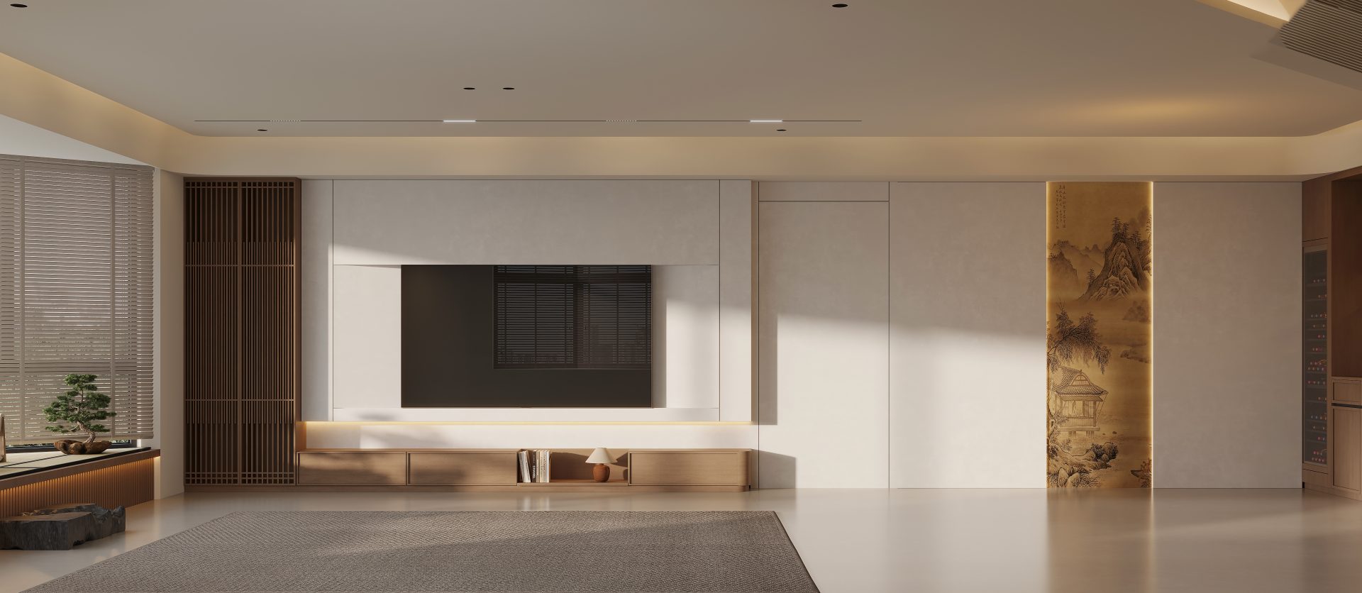 Bamboo Grove, 2,114 sq ft — Walk-in wardrobe enclosed by dark timber glass-door cabinetry with a central upholstered bench