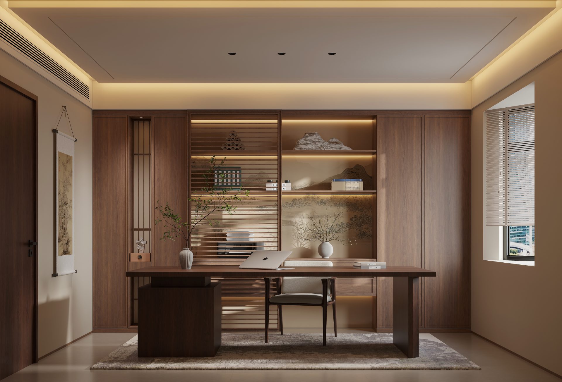 Bamboo Grove, 2,114 sq ft — Study with dark timber display shelving, a central desk and daylight from the adjacent window