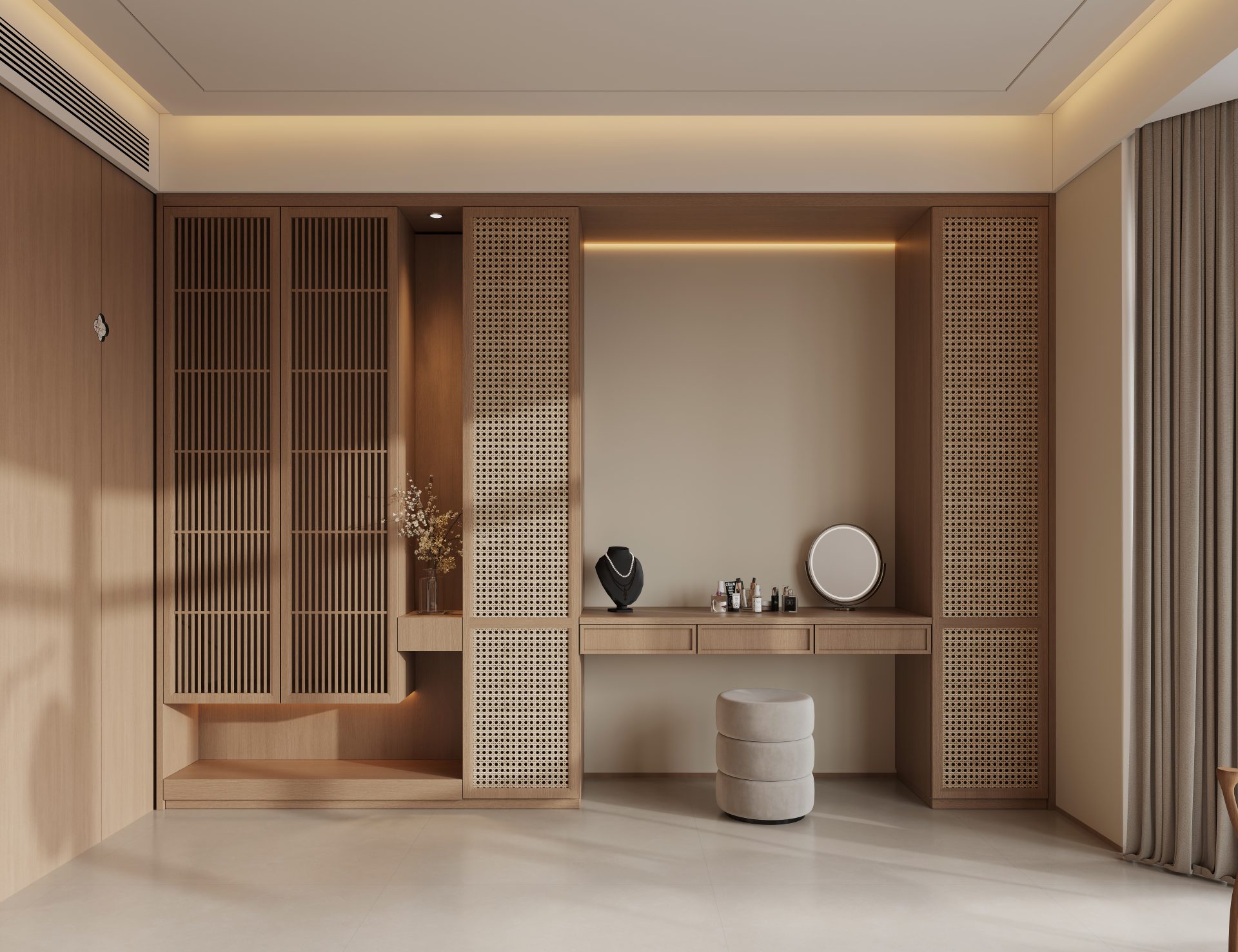 Bamboo Grove, 2,114 sq ft — Window-side work and dressing area with tall display cabinetry, an integrated desk and a round stool