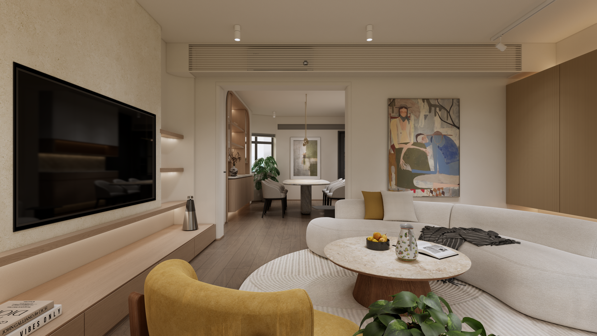 Bamboo Grove — The living room is defined by a curved sofa and a wooden TV wall, with large windows bringing in natural light to create an open and comfortable living atmosphere.