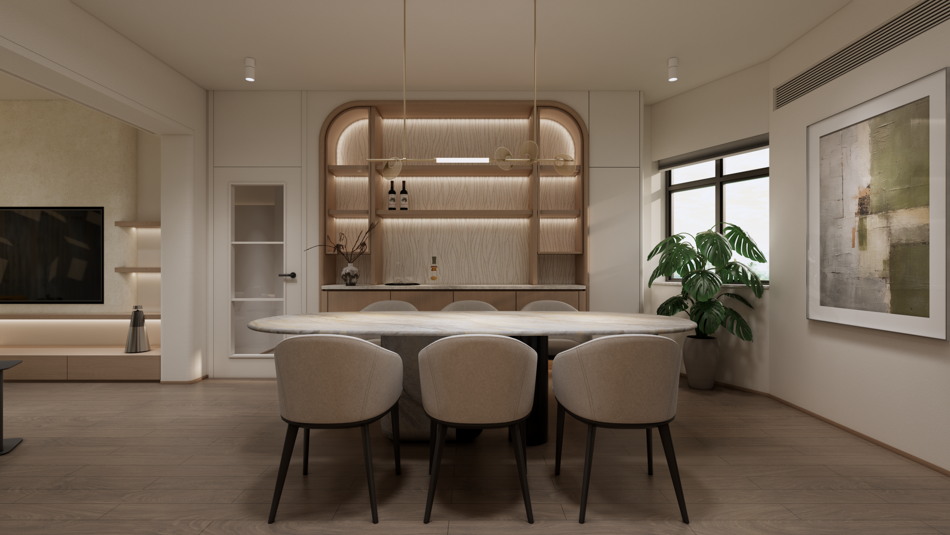 Bamboo Grove — The dining area features a large rounded dining table and a display wine cabinet, combining wooden elements with soft lighting to provide an elegant dining experience.