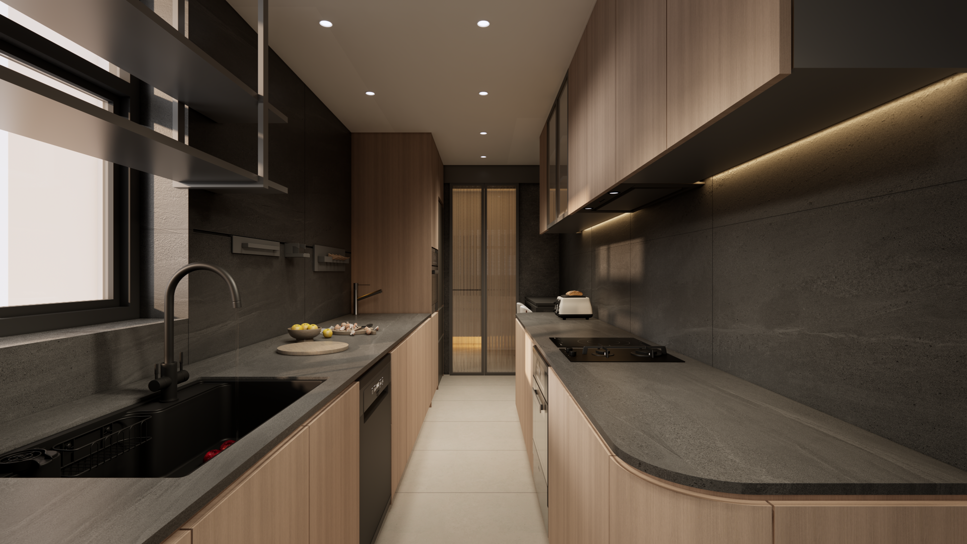 Beverly Hill — The galley kitchen utilizes a long layout, where the contrast between dark countertops and light wood base cabinets enriches visual depth.