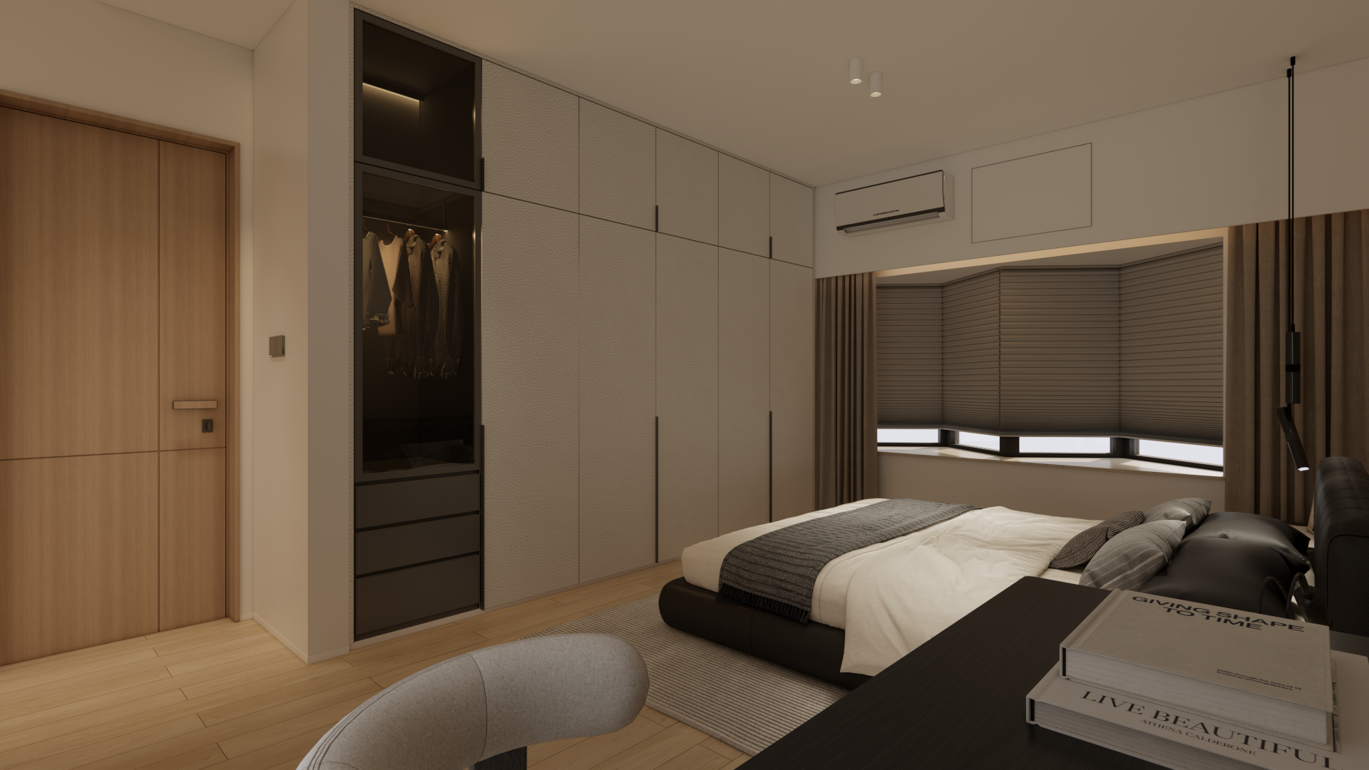 Beverly Hill — The bedroom is equipped with a large glass-door wardrobe, providing ample storage while maintaining a sense of spatial transparency.