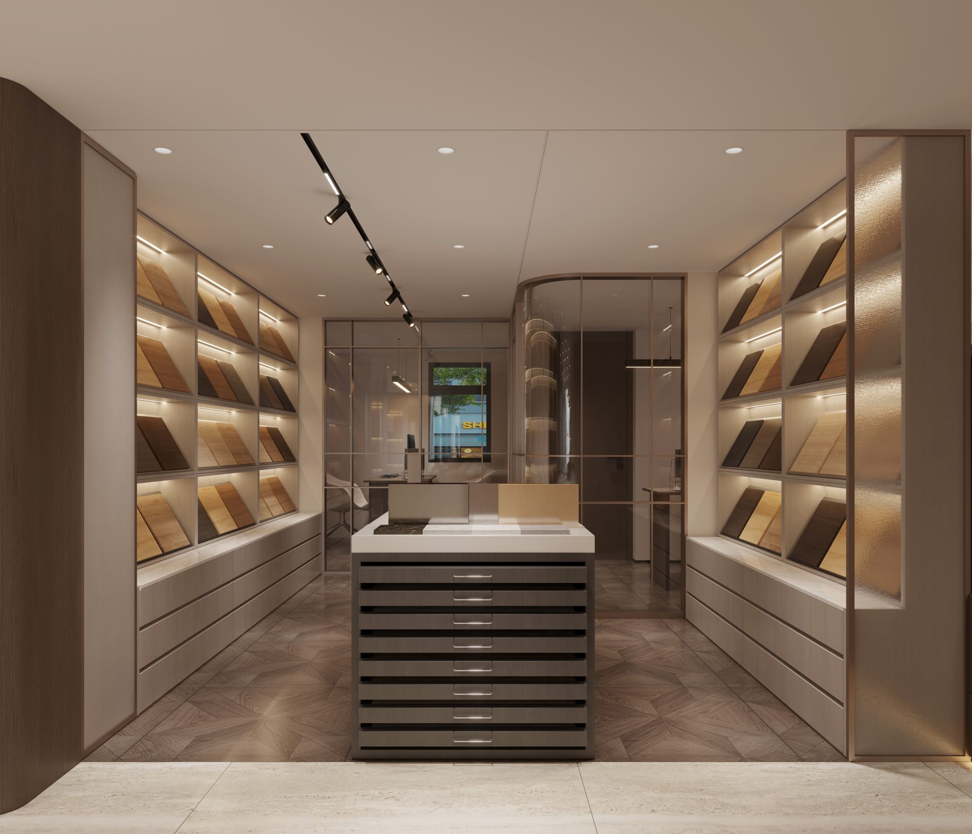 ED Design Showroom — The material display area features neatly arranged shelving and an island cabinet, facilitating the review of different material combinations.