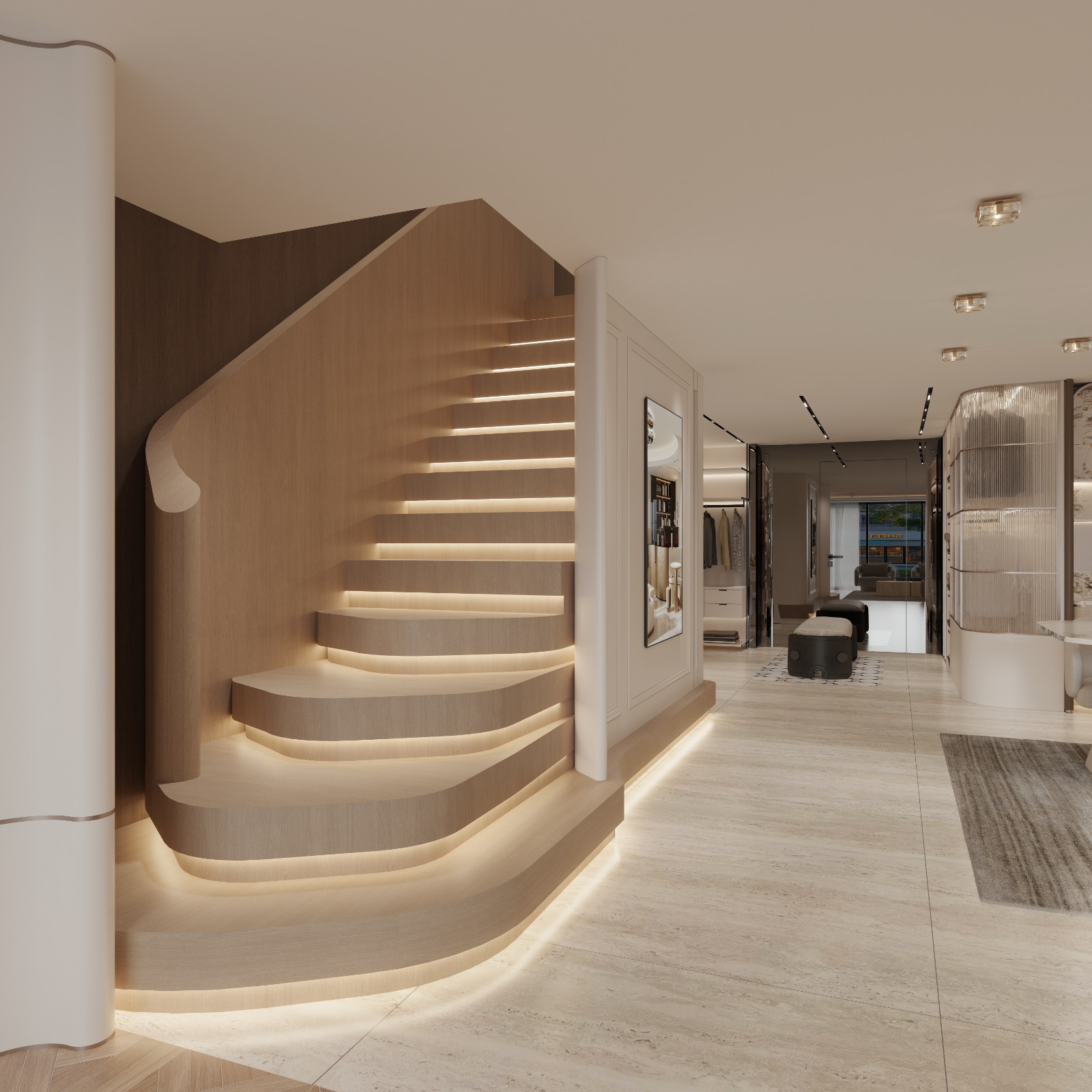 Sculpted curved staircase at the ED Design Wanchai flagship showroom