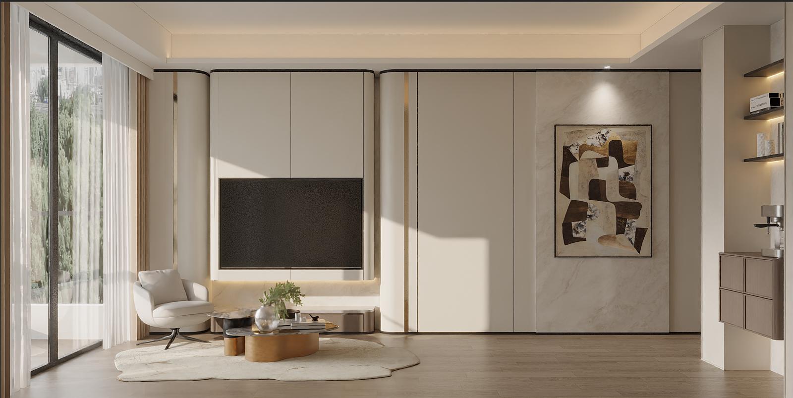 ． — Space with display shelving (for models) and storage cabinets, with ceiling lighting