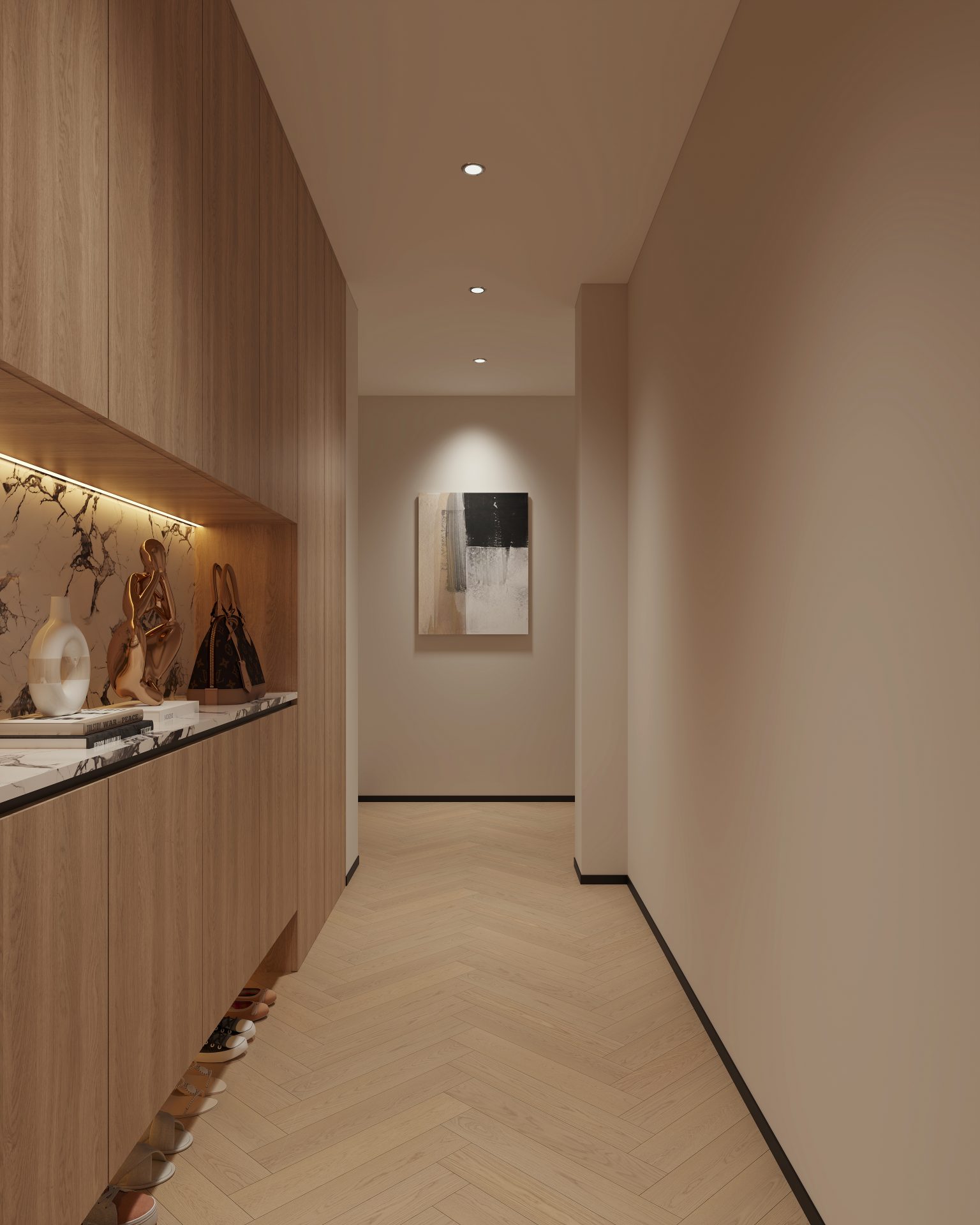 Entrance corridor with wooden storage cabinets and artwork