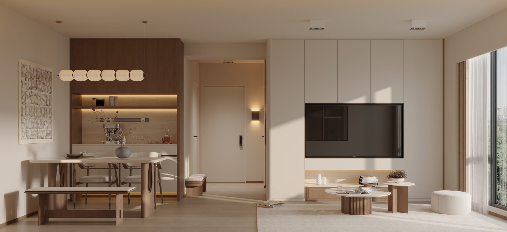 Laguna Verde — The open-plan living and dining area features a cohesive layout, with an integrated TV wall and storage design maintaining visual neatness.