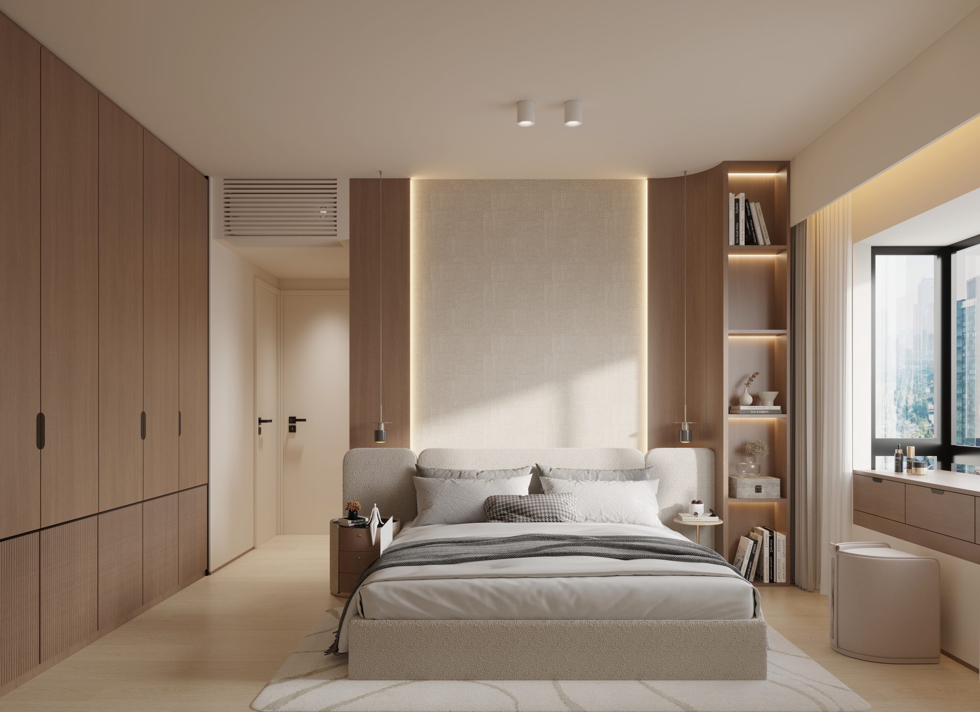 Laguna Verde — The bedroom utilizes extensive wooden wardrobes for ample storage, while indirect lighting on the headboard wall adds a soft ambiance.