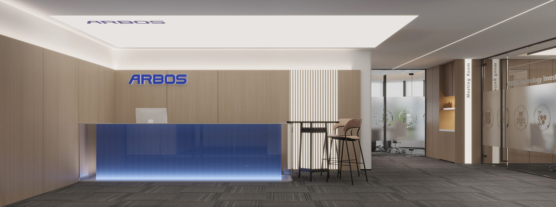 Lippo Centre Office Design — The reception area combines wood finishes with an illuminated blue counter, establishing a professional and tech-forward corporate identity.