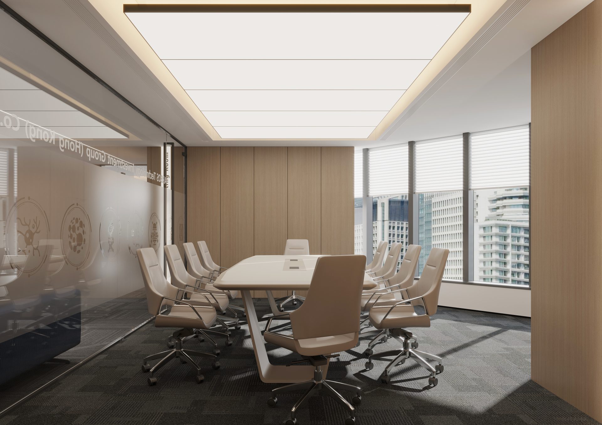 Lippo Centre Office Design — The meeting room utilizes glass partitions and a large illuminated ceiling, helping maintain spatial transparency and providing even lighting.