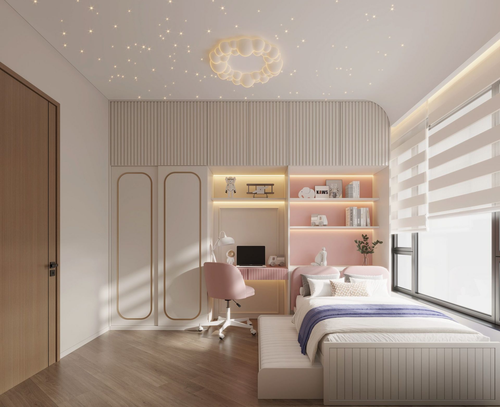 Pano Harbour — The children's room, themed in pink and white, integrates the desk, wardrobe and bed into a cohesive design, maximising space utilisation and providing ample storage.