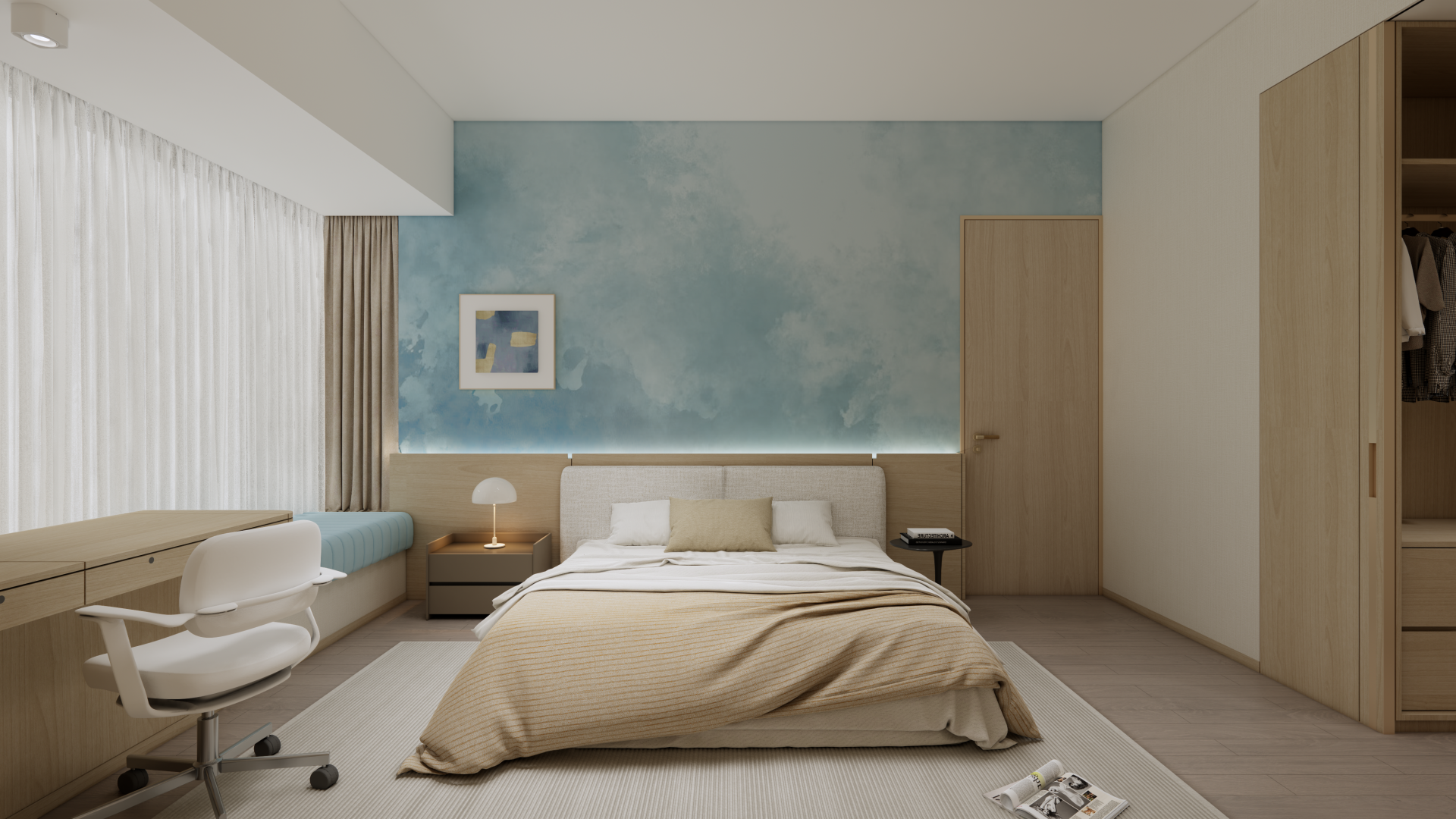 Parc Palais — The bedroom features a gradient blue headboard wall and a window seat, infusing the resting space with a tranquil and comfortable ambiance.