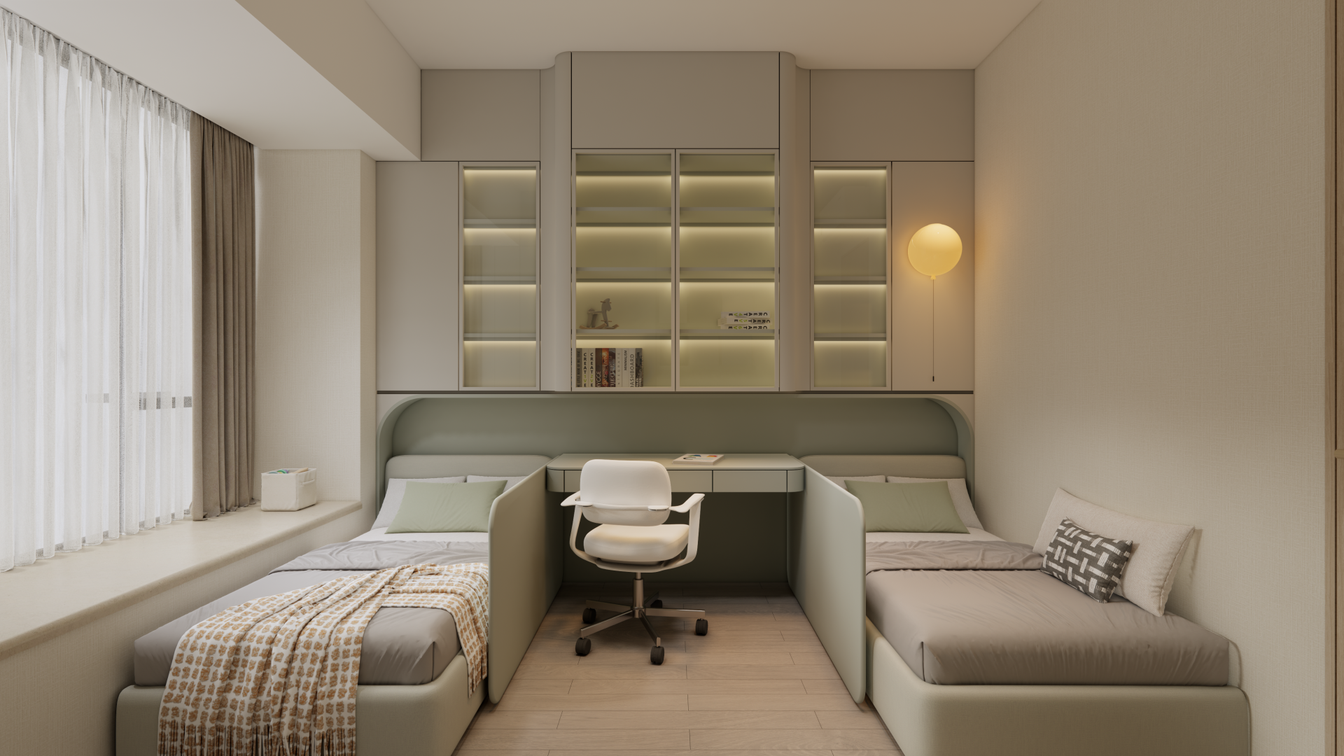 Parc Palais — The children's room cleverly integrates two single beds with a desk and provides ample storage, balancing the needs for study and rest.