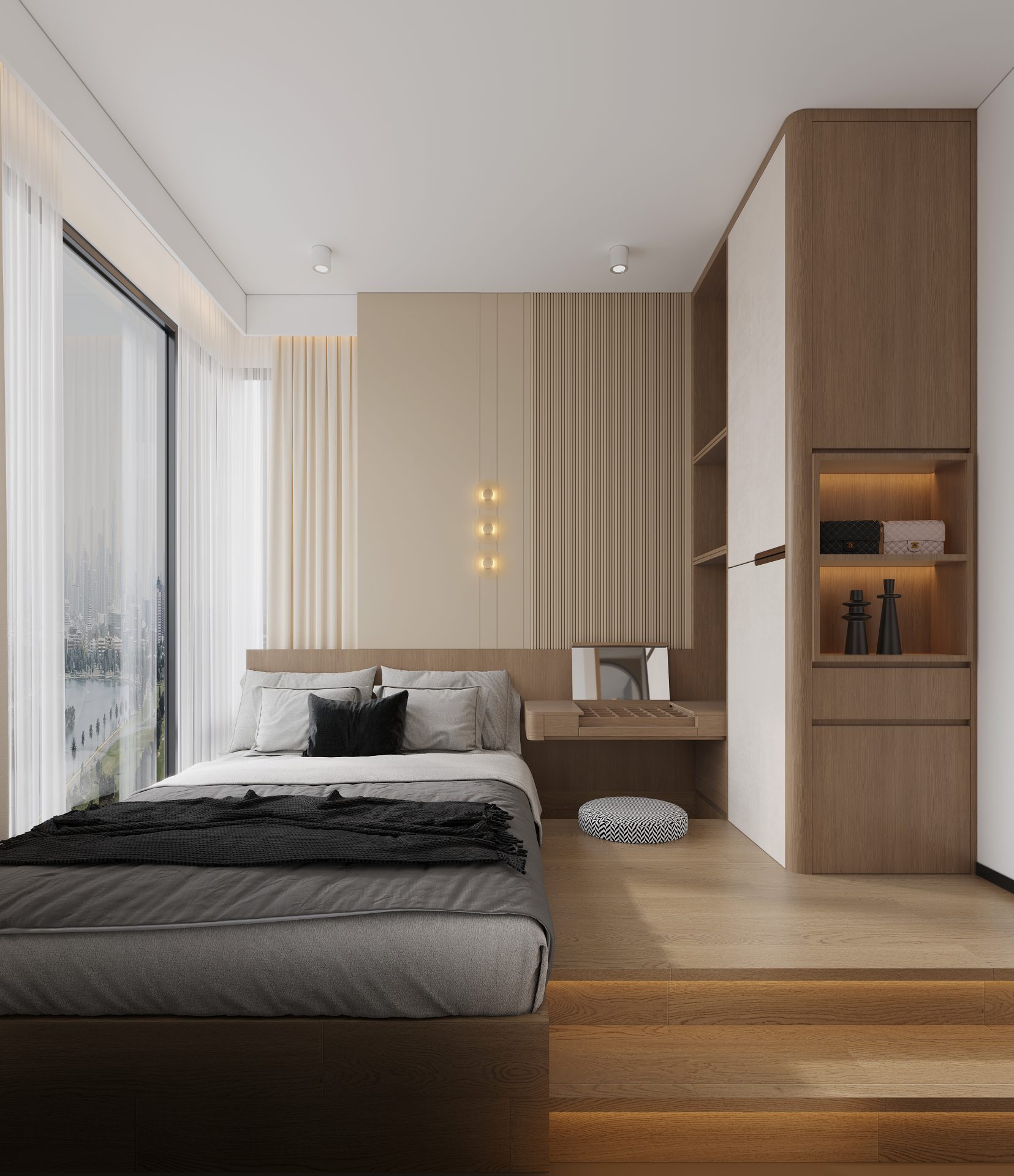 Sierra Sea Phase 1B — The bedroom utilizes large floor-to-ceiling windows to bring in natural light, while the integrated design of the feature headboard and vanity desk enhances spatial utility.