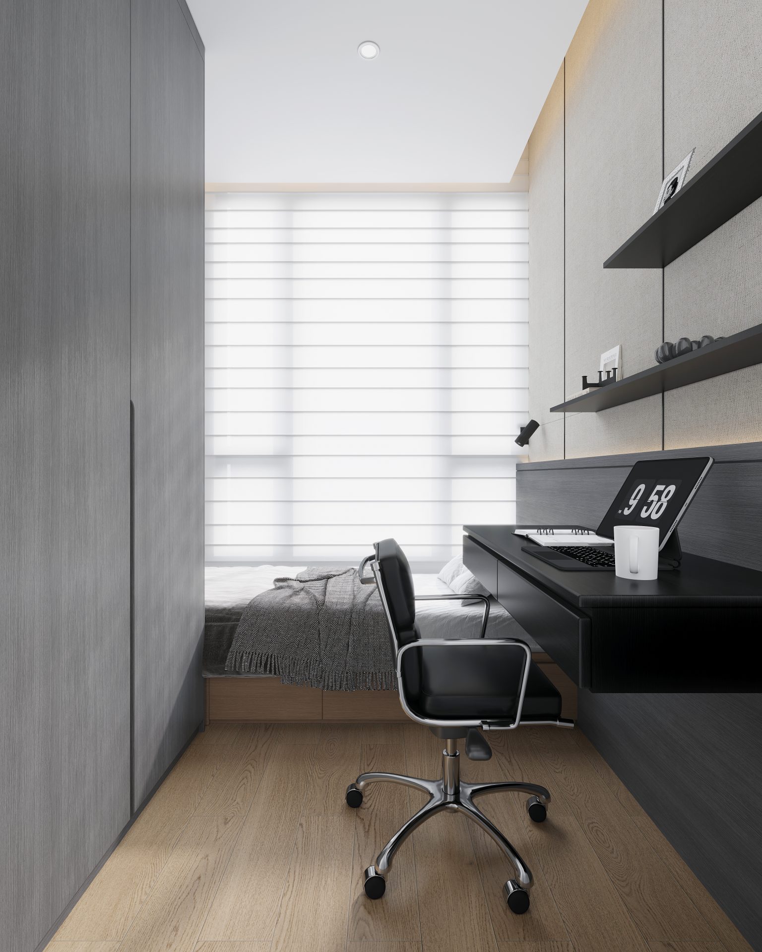 Sierra Sea Phase 1B — The study combines a window-side daybed with a floating desk, fulfilling both work and relaxation needs within a limited space.