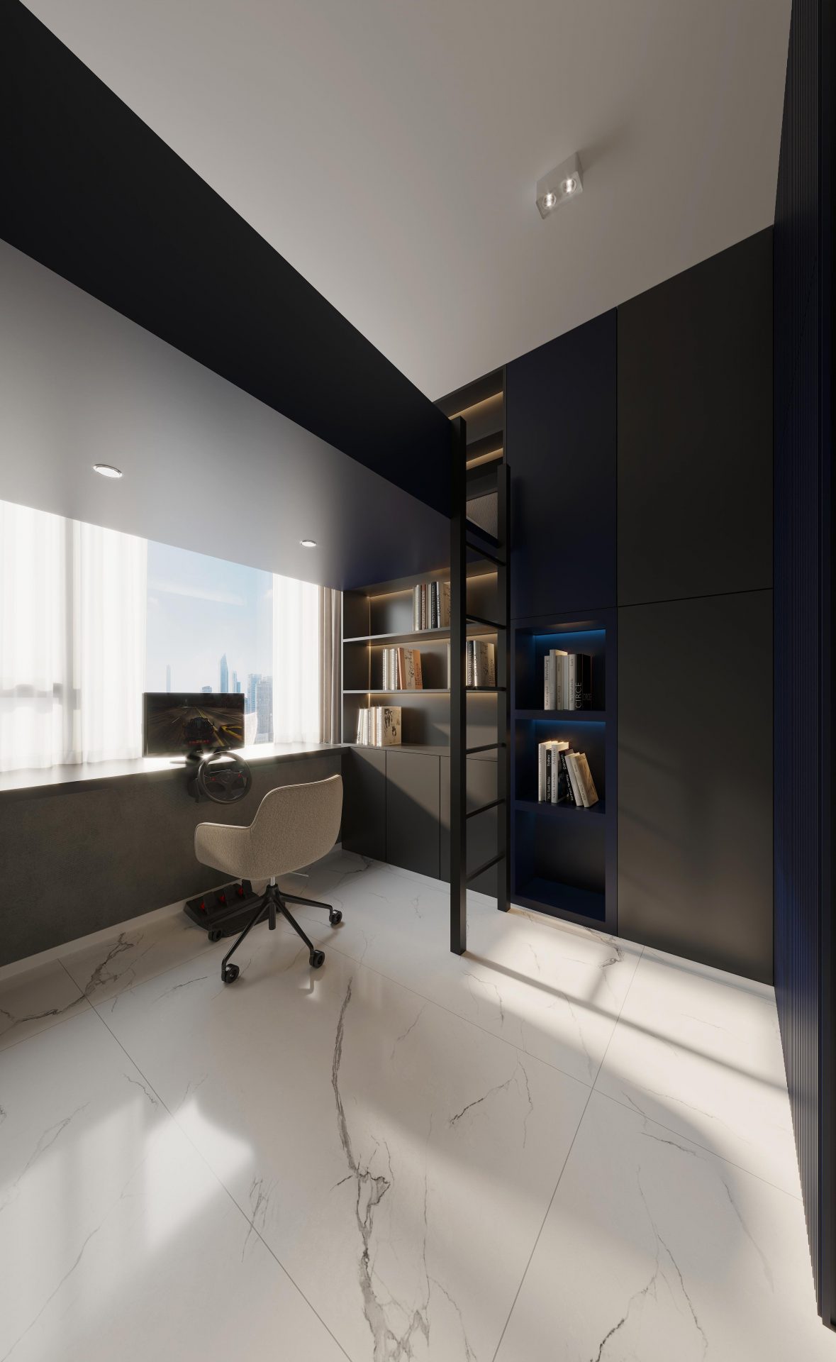 Sorrento — The study combines dark woodwork with a window-side desk, providing a focused workspace while making fuller use of natural light.