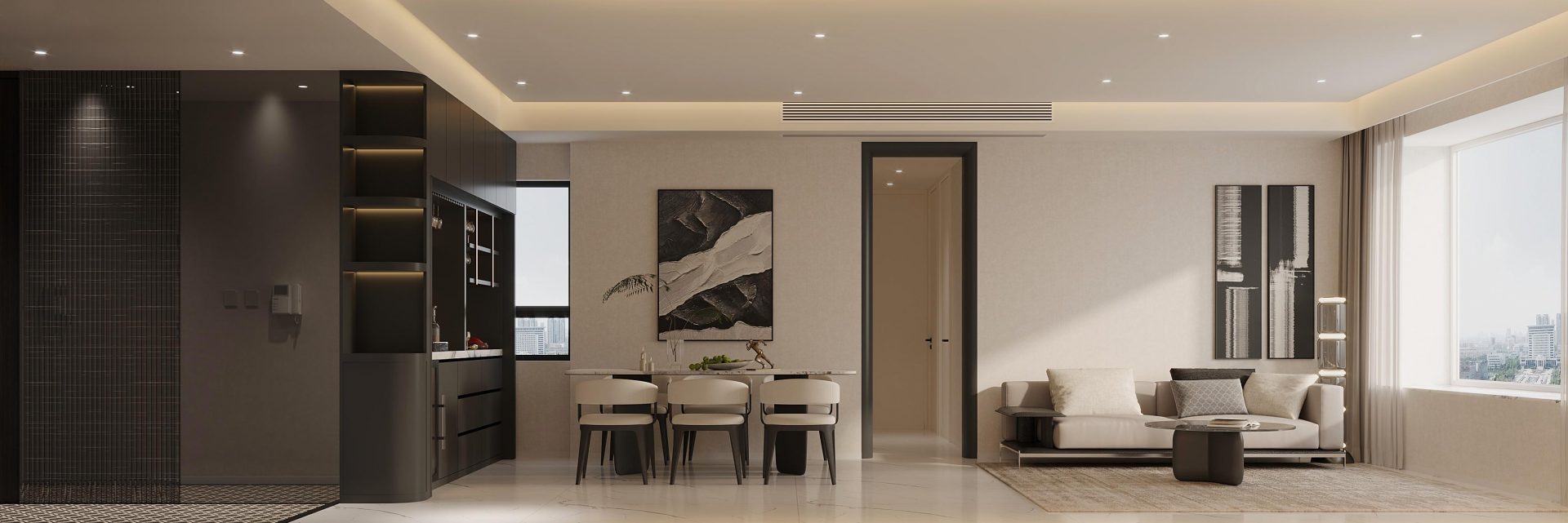 Sorrento — Dark integrated cabinetry, linear ceiling lighting and pale furniture create contrast across the open living and dining area, keeping both zones connected and layered.