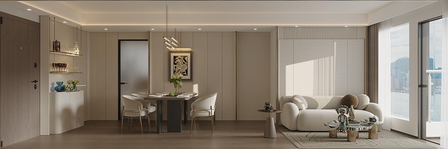 The Pavilia Farm III — A rounded dining table, integrated storage wall and soft lighting connect the dining area with the living space while keeping the composition ordered and layered.